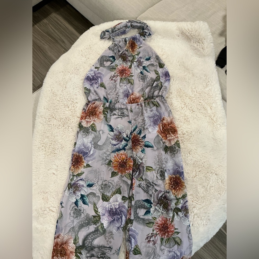 Fashion Nova Backless Floral  Halter Jumpsuit - Purple and Orange